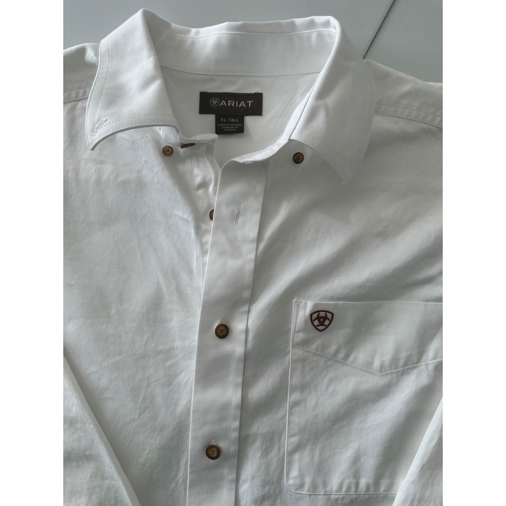 Ariat Mens XL Tall White Long Sleeve Button Down Western Twill Shirt Logo Pocket